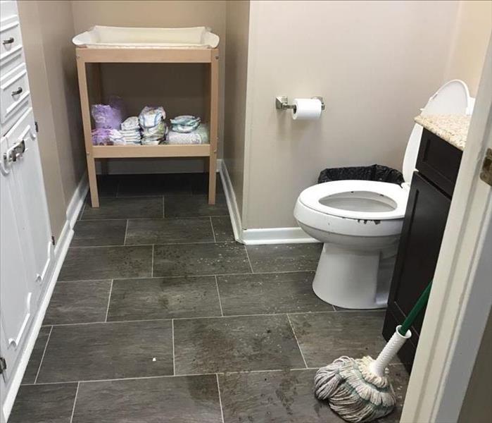 A bathroom that has sewage damage around the toilet and in the floor