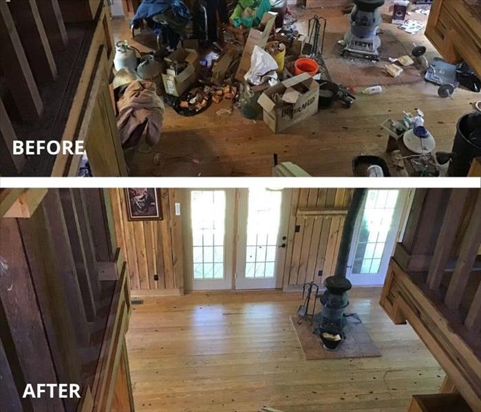 Before and after of a log cabin home that had been trashed